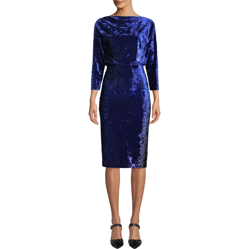 BADGLEY MISCHKA BLOUSON DRESS OMBRE BLUE VELVET DRAPE NECK 3/4 SLEEVE COCKTAIL 6